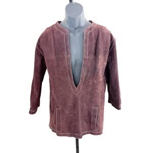 Vintage 70s Sabrina Brown Suede Deep V Neck Tunic Men's Size Small EUC Pockets